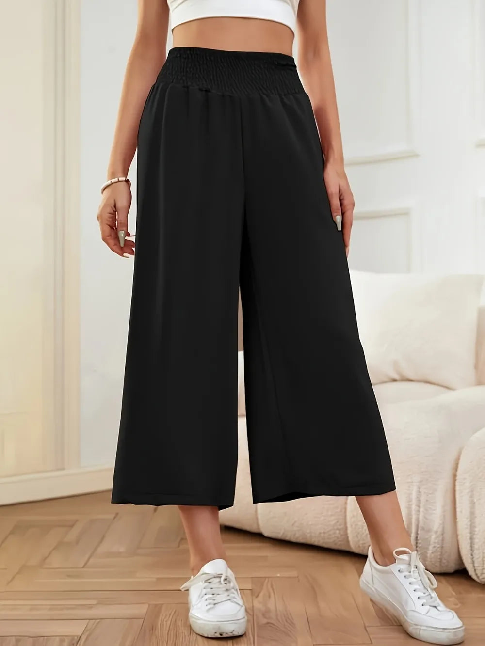 Elastic Waist Wide Leg Pants in Black