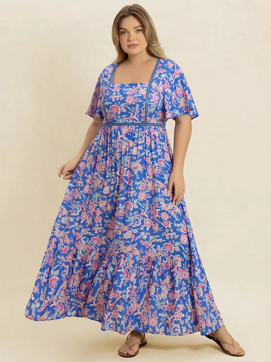 Plus-Size Ruched Short Sleeve Dress in Blue Purple