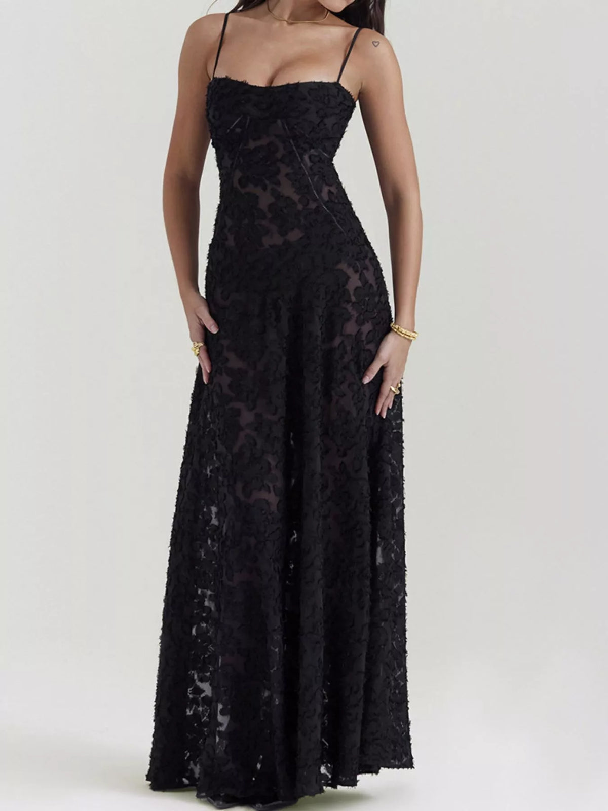 Lace-Up Spaghetti Strap Maxi Dress in Black by Elegant Elements