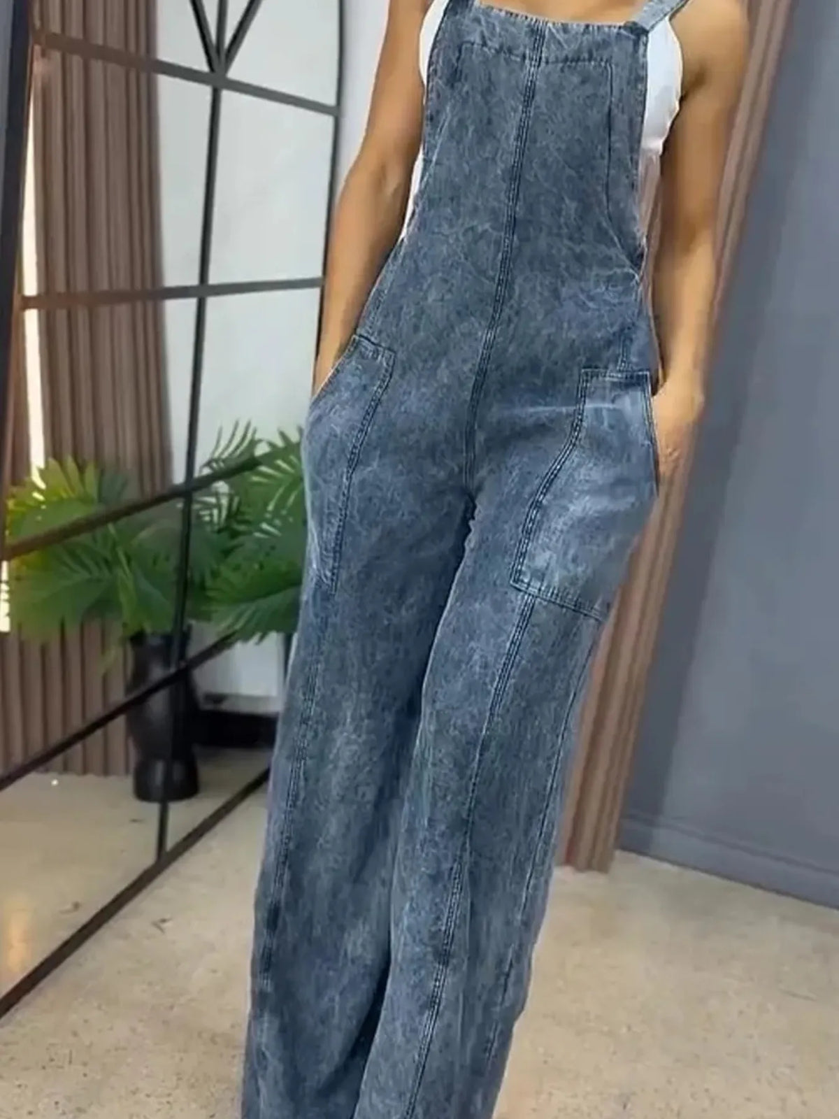 Full Size Wide Leg Washed Denim Overalls