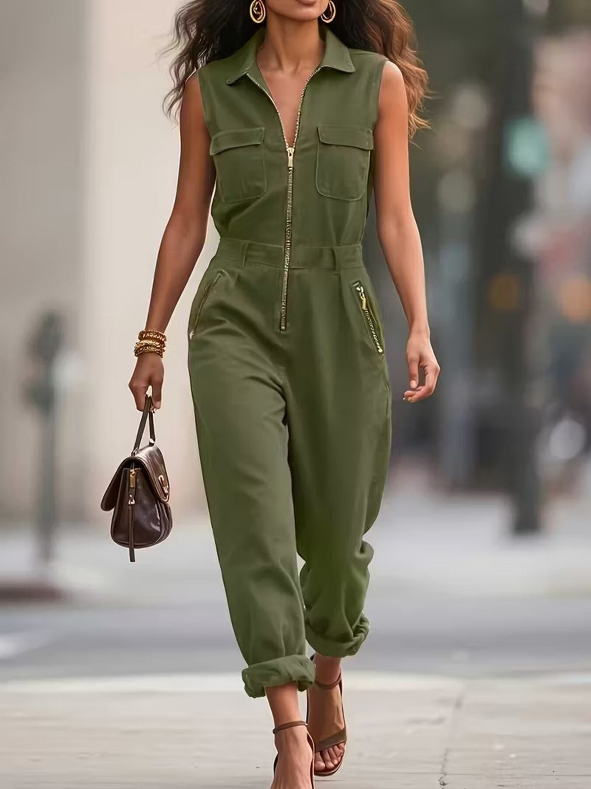 Sleeveless Zip-Up Jumpsuit with Pockets