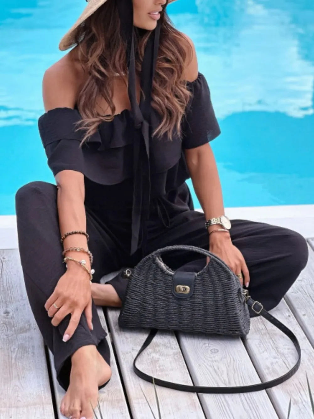 Ruffled Off-Shoulder Wide Leg Jumpsuit