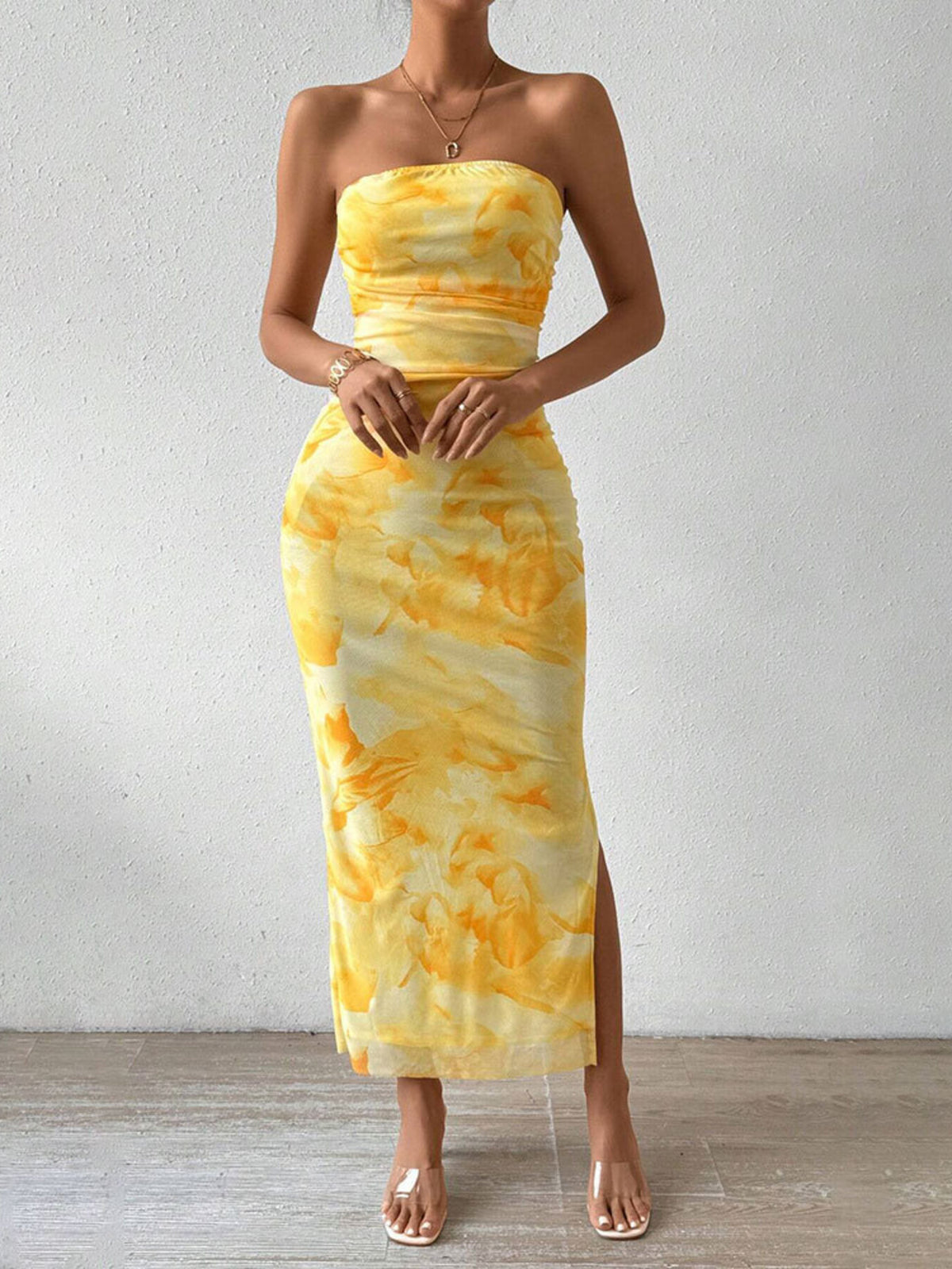 Ruched Strapless Bodycon Midi Dress in Yellow