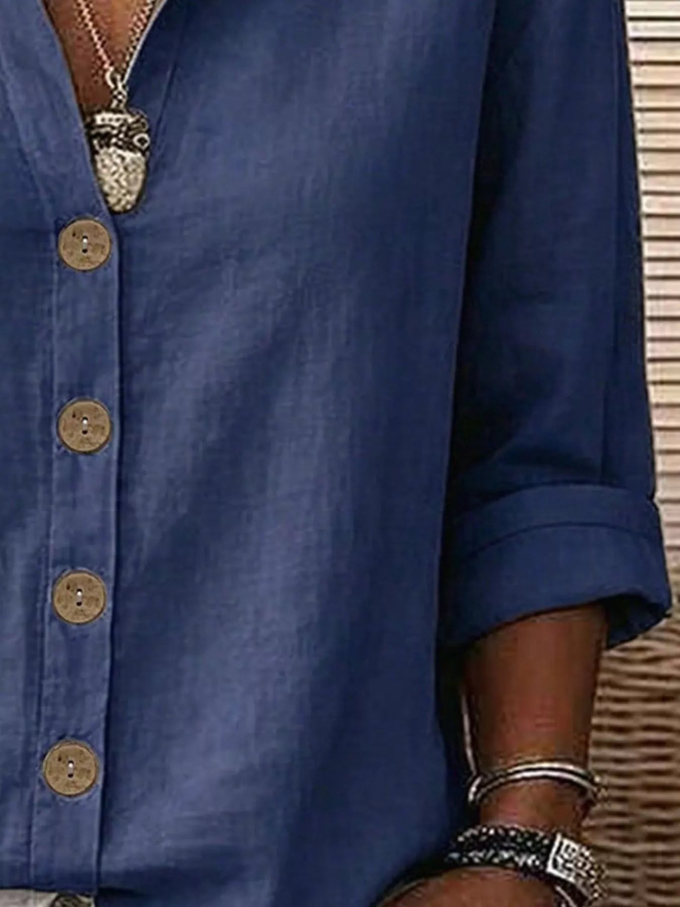 V-Neck Button-Up Long Sleeve Shirt