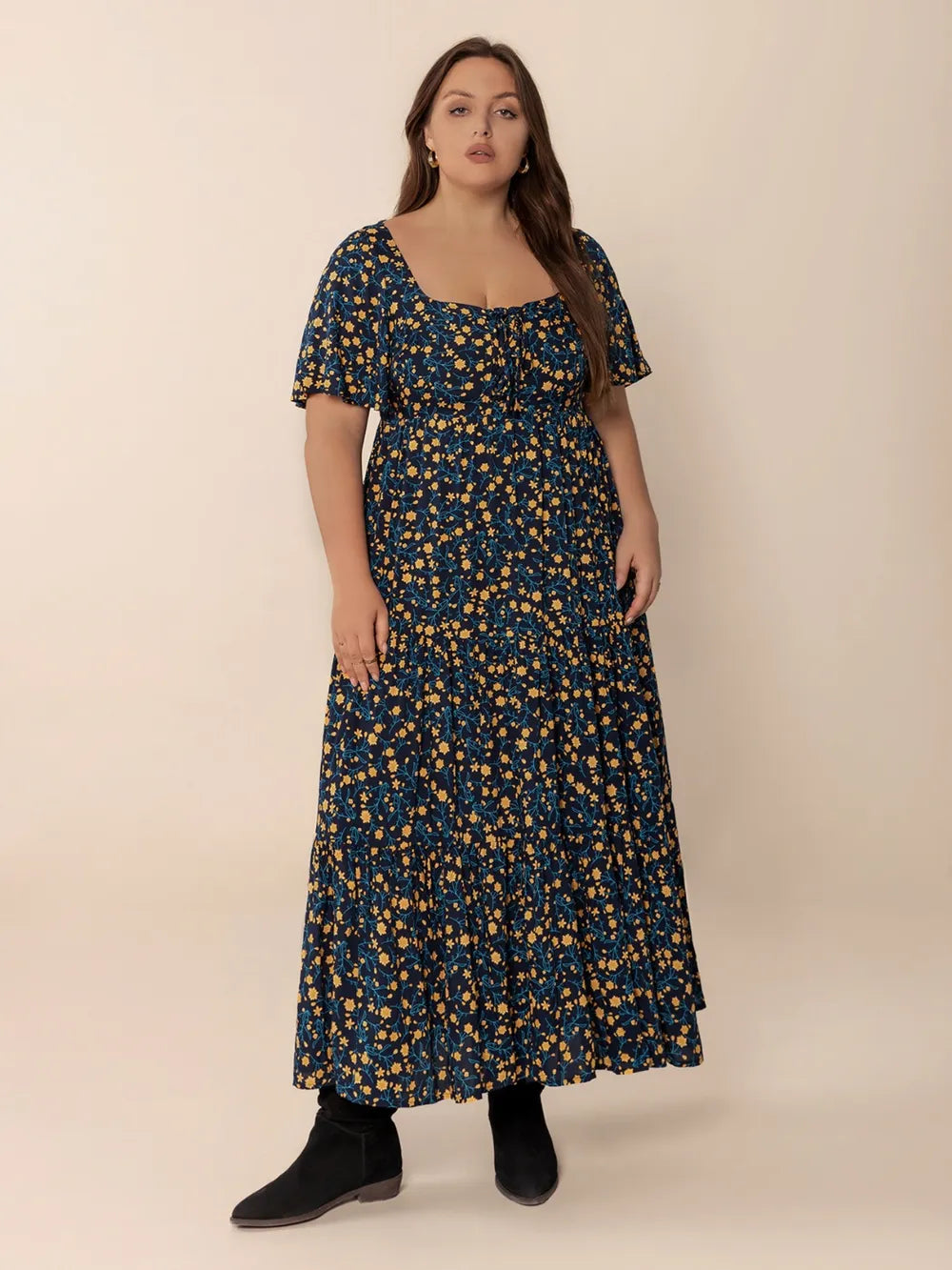 Printed Short-Sleeve Tiered Maxi Dress in Black