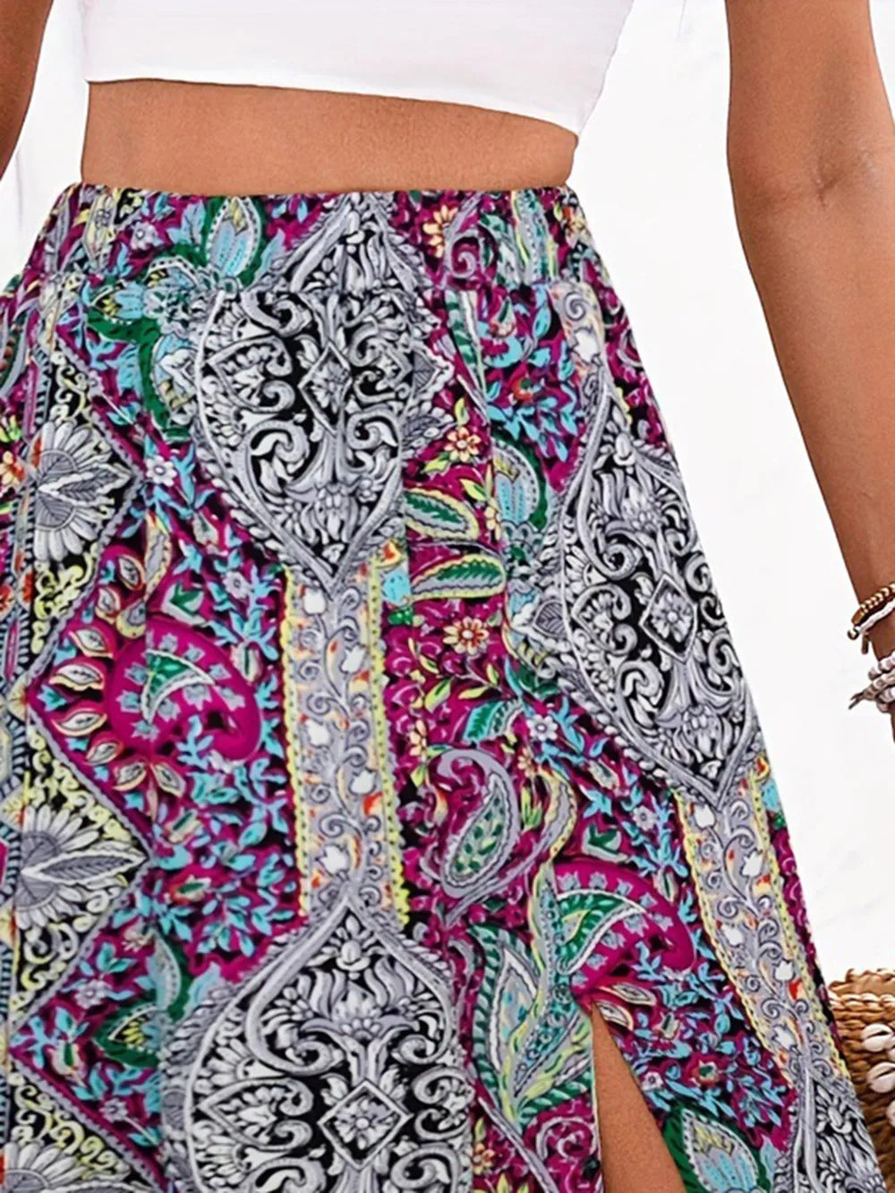 Printed Elastic-Waist Skirt with Slit