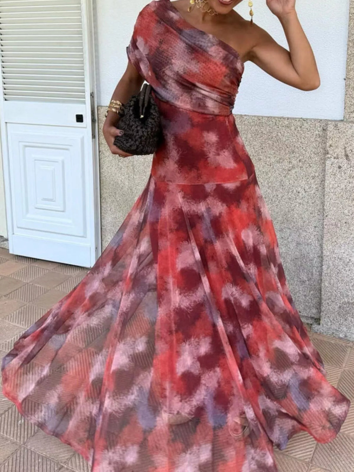 Printed Short-Sleeve Mesh Maxi Dress