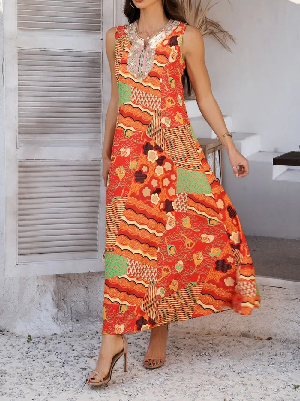Printed Sleeveless Maxi Dress with Pockets