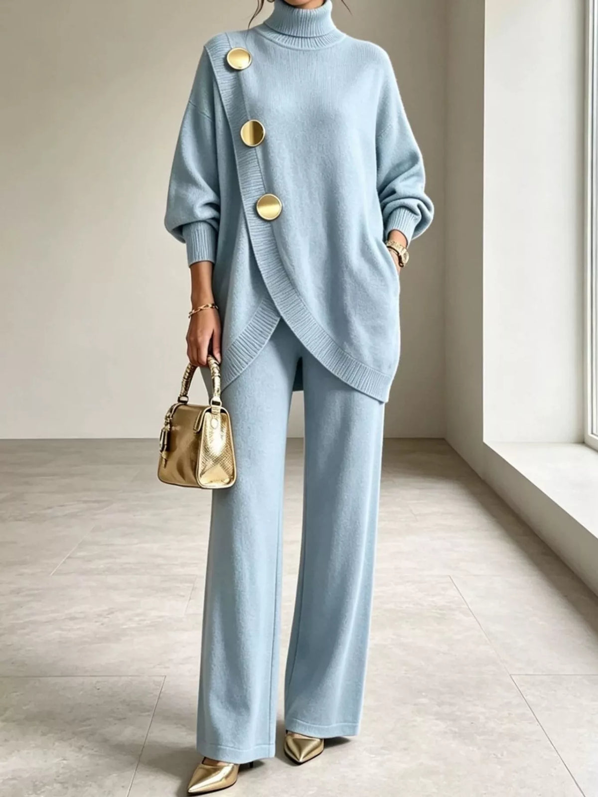 Ribbed Turtleneck Top and Pants Sweater Set