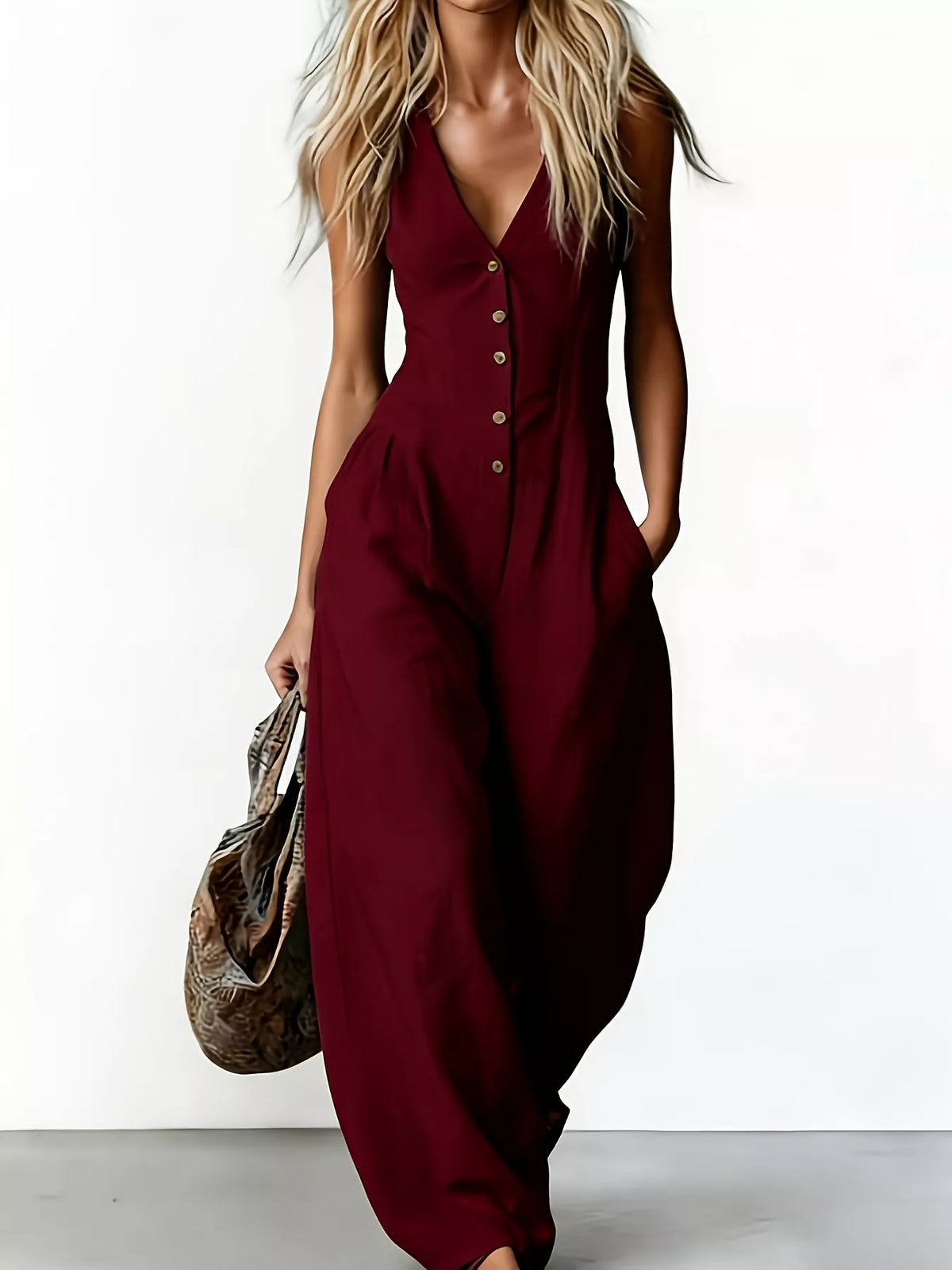 V-Neck Button-Down Wide Leg Jumpsuit