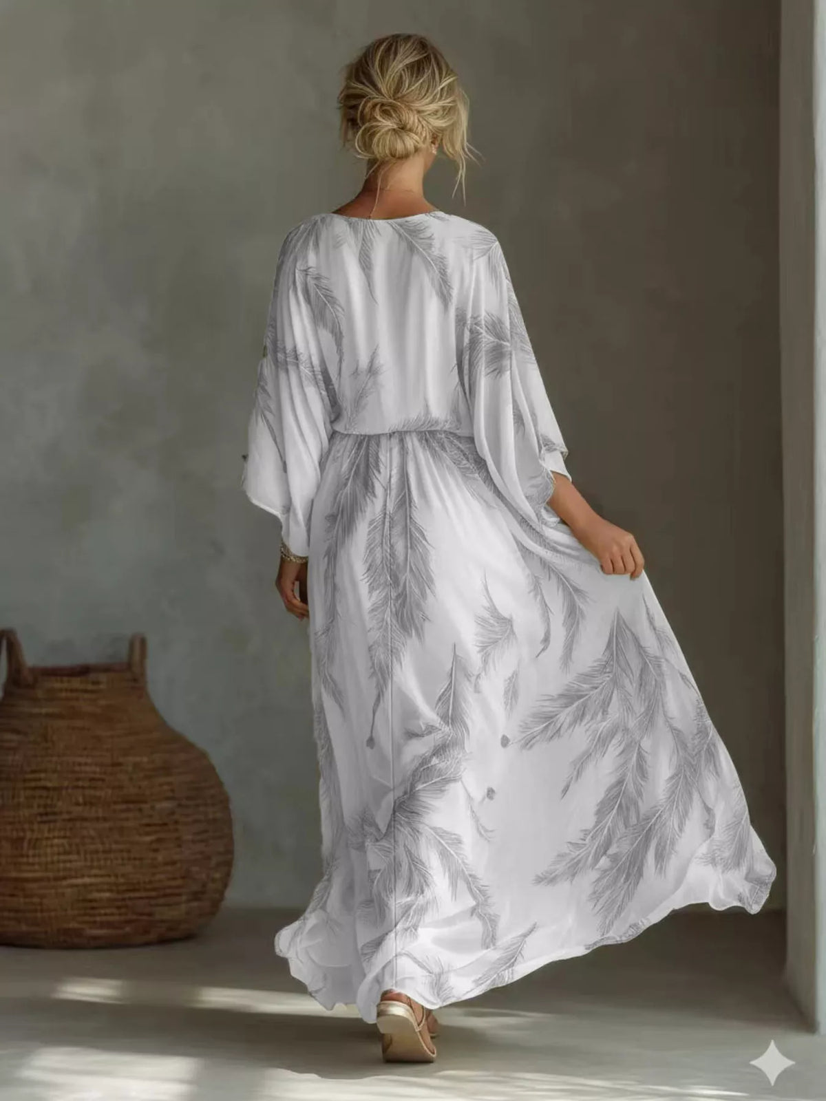 Feather Print V-Neck Flowy Maxi Dress