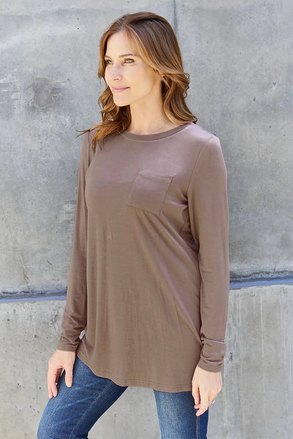 Basic Bae Pocketed Round Neck Long Sleeve Top