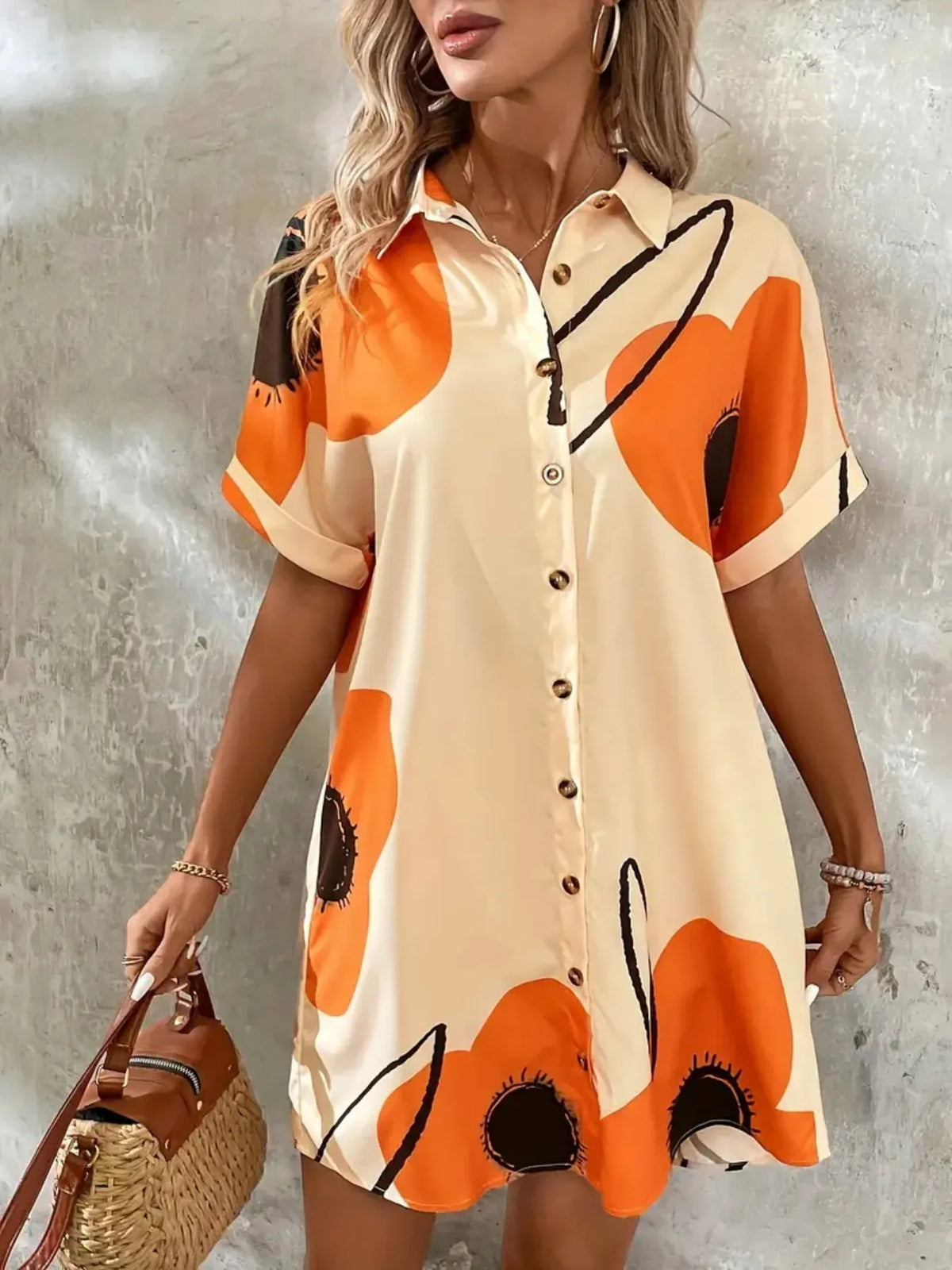 Printed Button-Front Shirt Dress in Tan