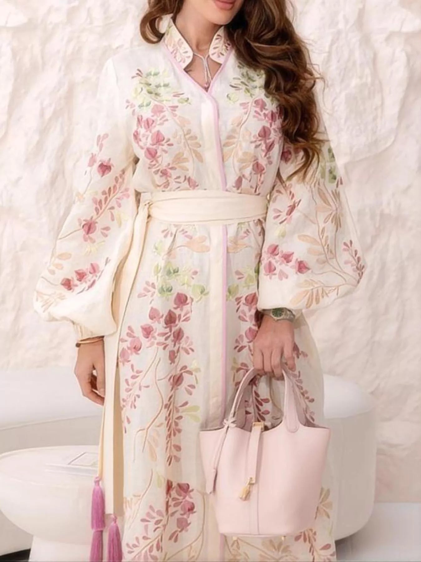 Floral Tie Waist Long-Sleeve Maxi Dress in Color