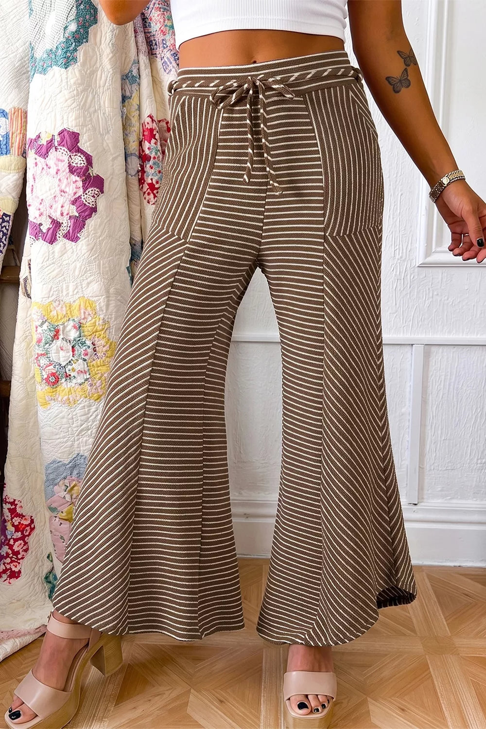 Stripe Patchwork Wide Leg Pants in Brown