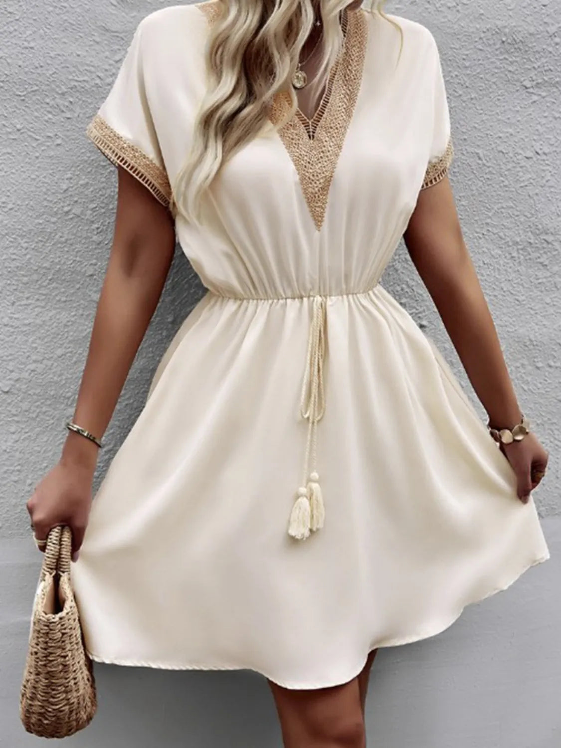 Tasseled V-Neck Short-Sleeve Dress