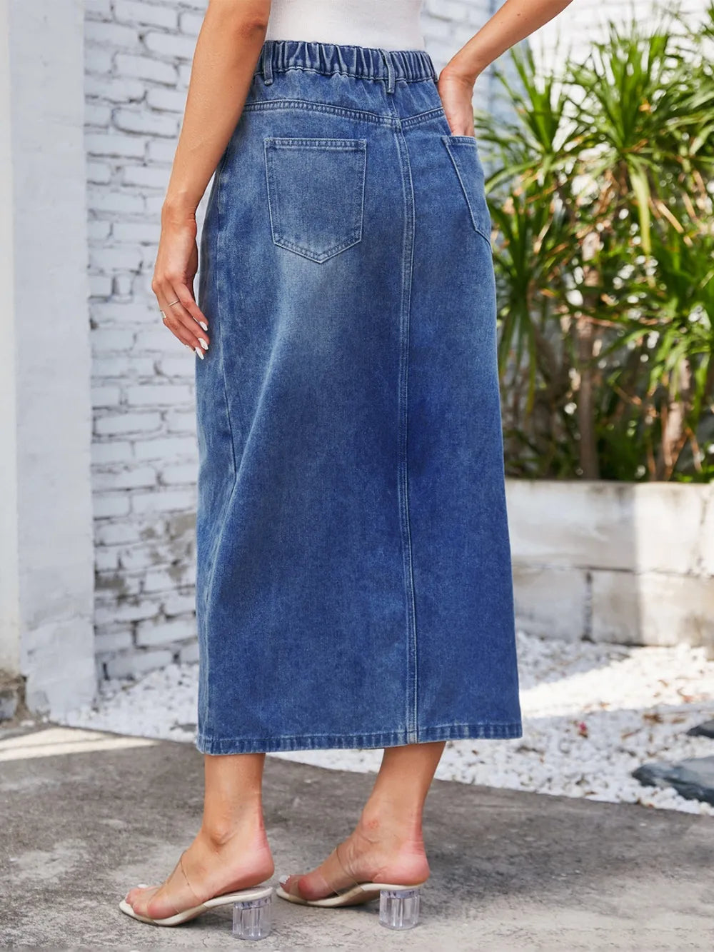 Slit Midi Denim Skirt with Pockets by Manny