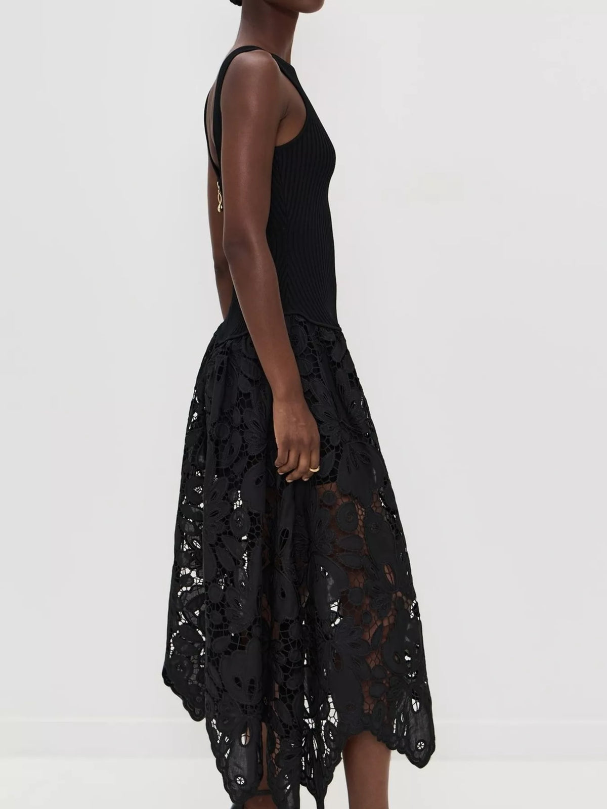 Ribbed Crochet Midi Dress in Black