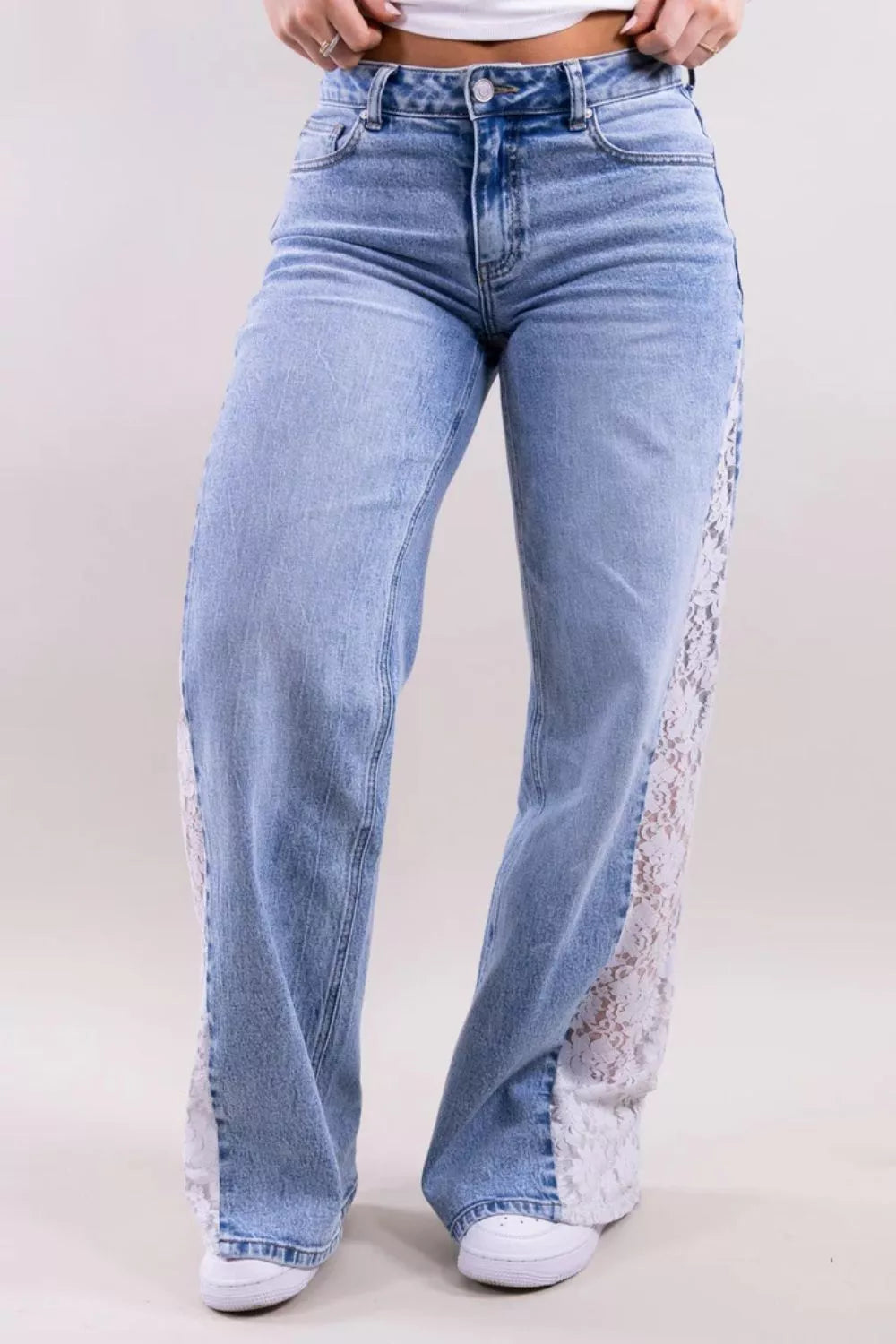 Lace-Paneled Wide-Leg Jeans in Light