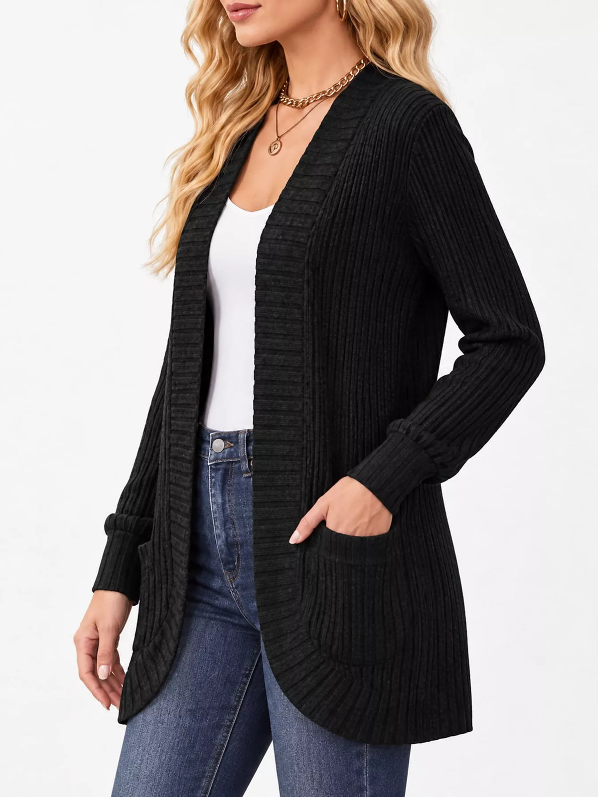 Ribbed Open-Front Longline Cardigan