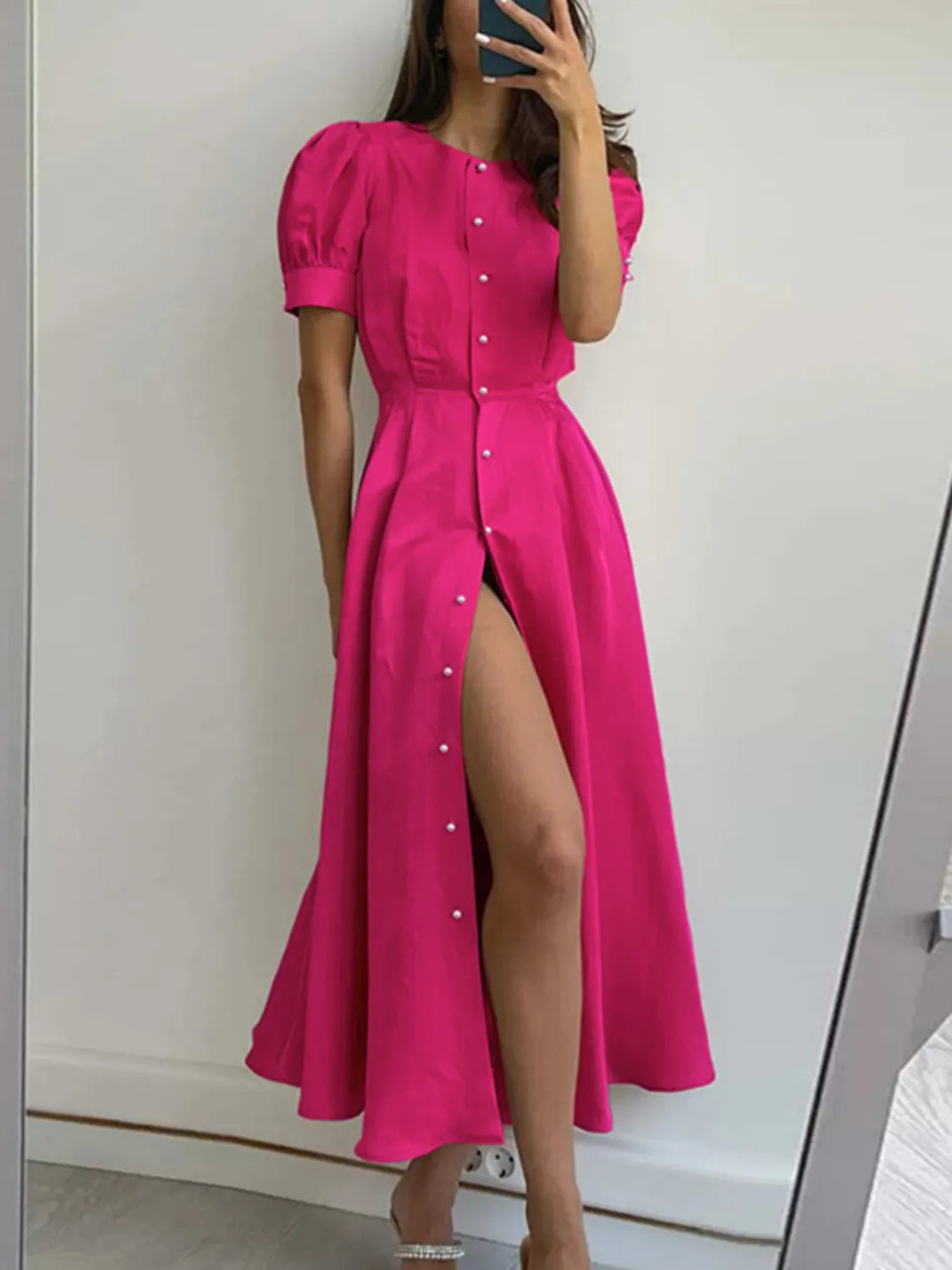Button-Down Short Sleeve Dress in Hot Pink