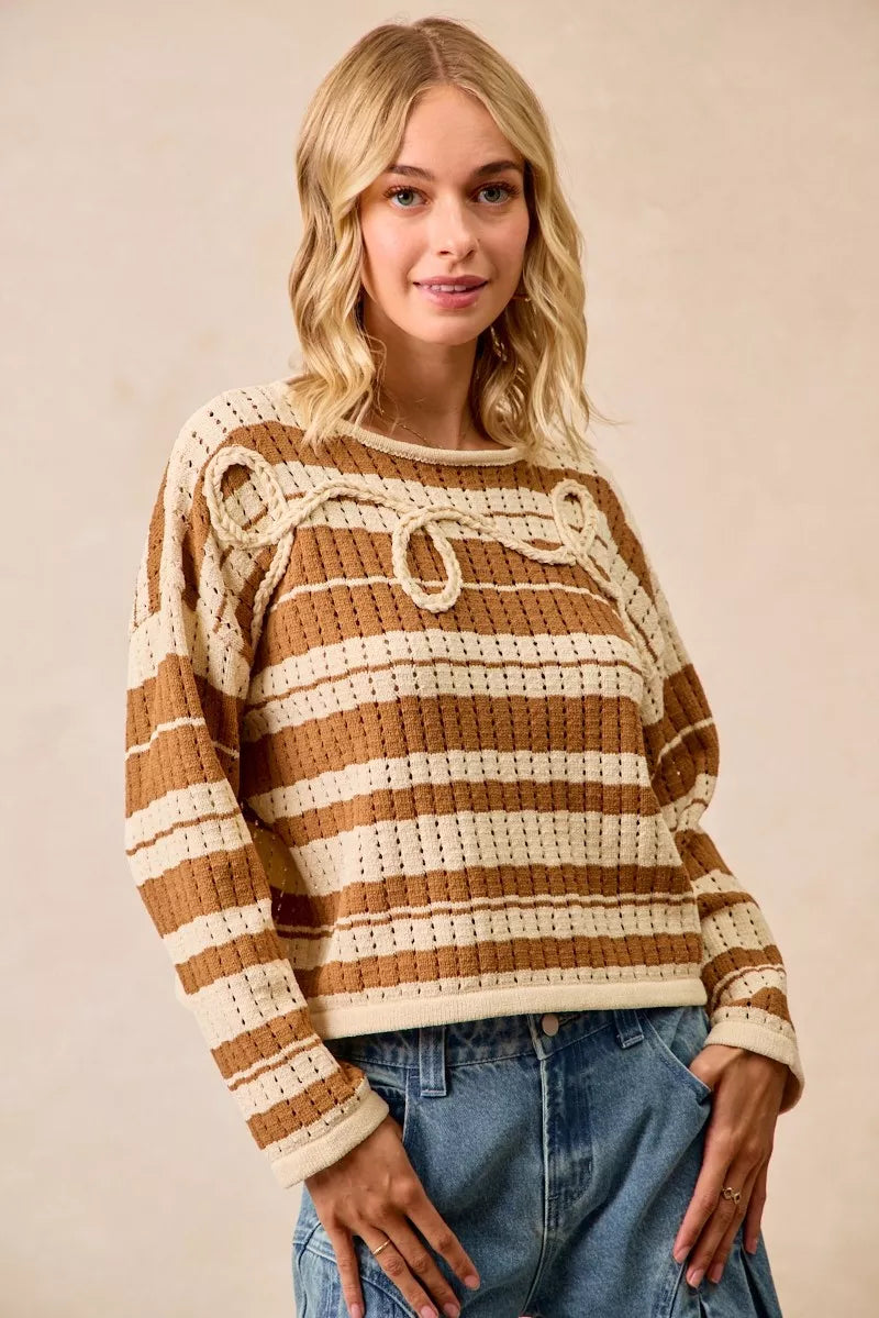 Striped Open-Knit Sweater Top in Brown by BiBi