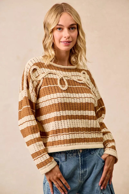 Striped Open-Knit Sweater Top in Brown by BiBi