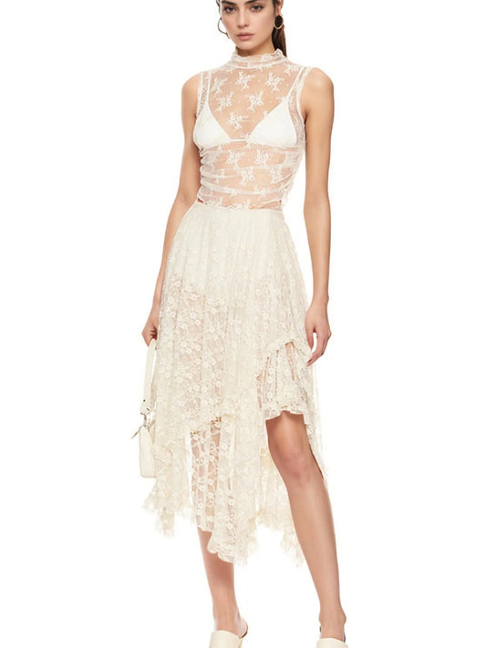 Asymmetrical Lace Midi Skirt