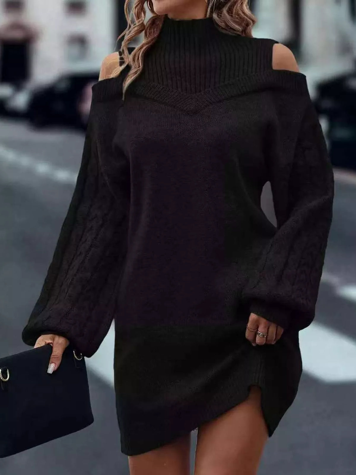 Cable-Knit Cold-Shoulder Mock-Neck Sweater Dress