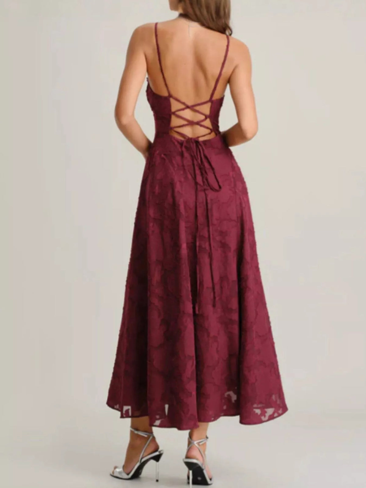Lace-Up Back Spaghetti Strap Maxi Dress by Elegant Elements