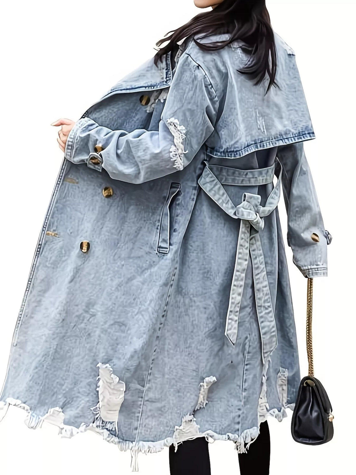 Distressed Double-Breasted Longline Denim Jacket in Light Blue