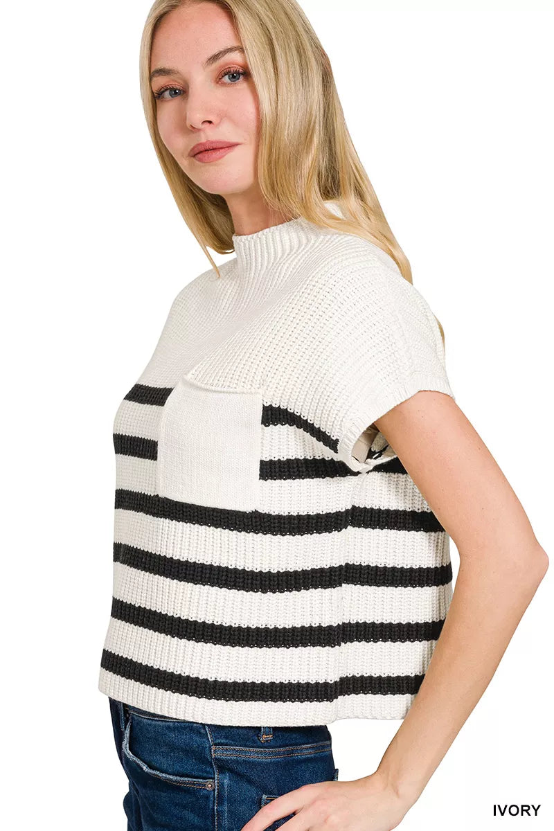 Zenana Striped Short Sleeve Sweater in Ivory