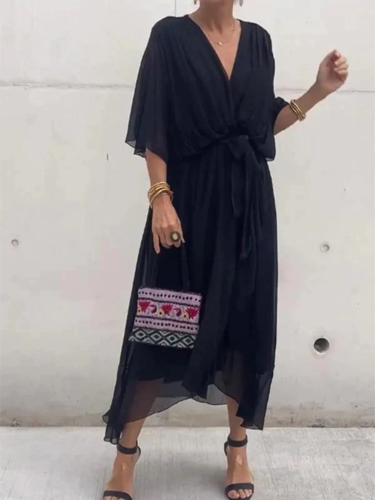 Flowy Tie-Front Midi Dress with Flutter Sleeves