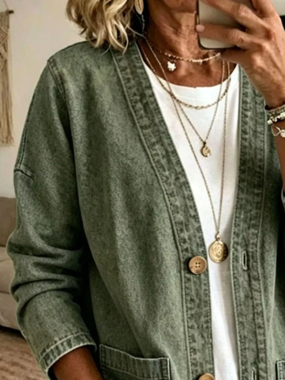 V-Neck Button-Down Denim Jacket by Invera