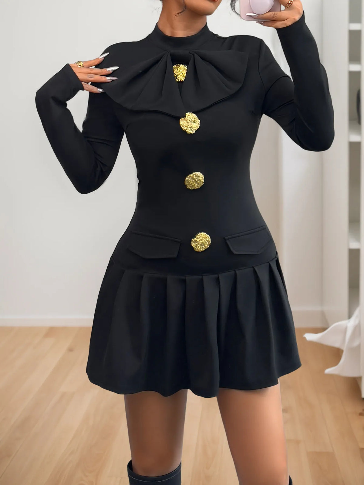 Decorative Button Mock Neck Mini Dress in Black