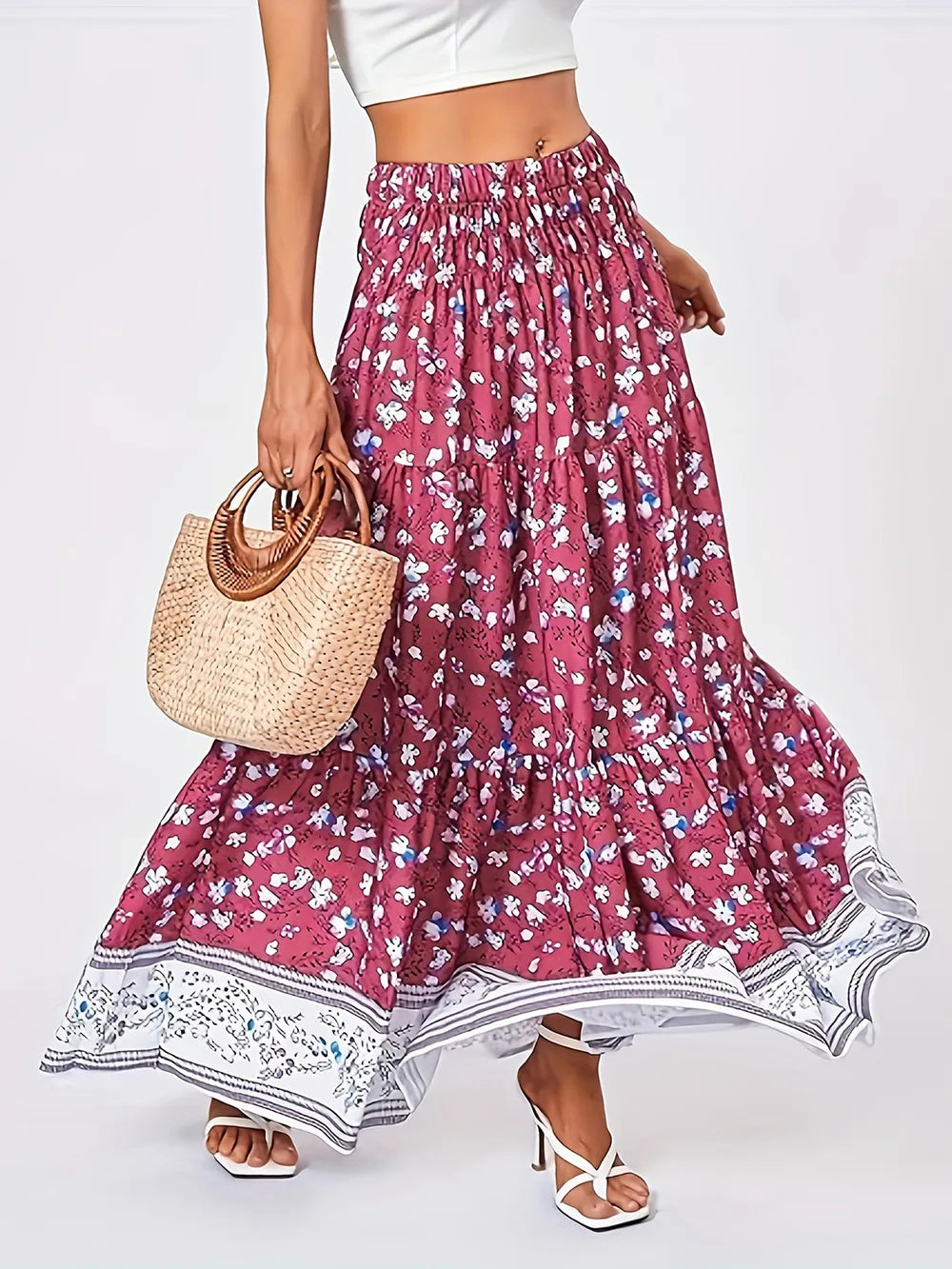 Tiered Printed Elastic-Waist Skirt