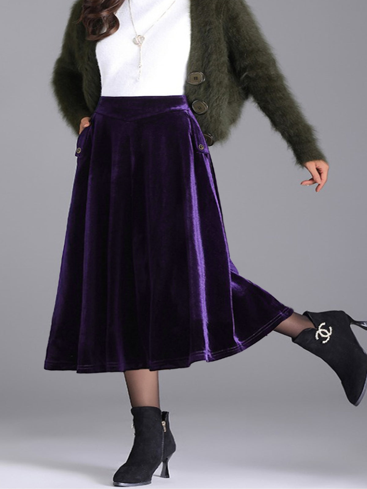 Plus Size Velvet A-Line Midi Skirt