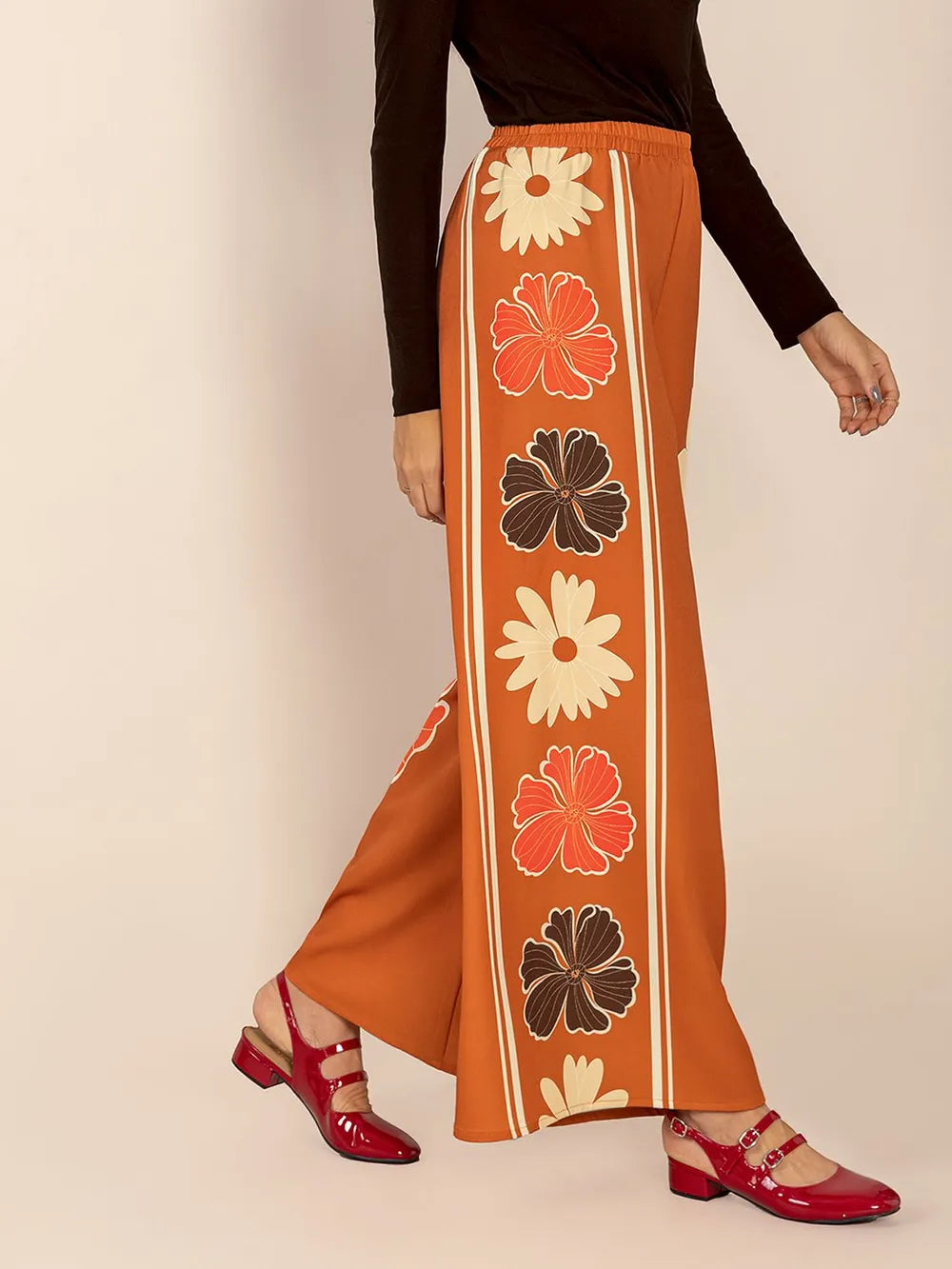 Printed Elastic Waist Wide Leg Pants in Tangerine