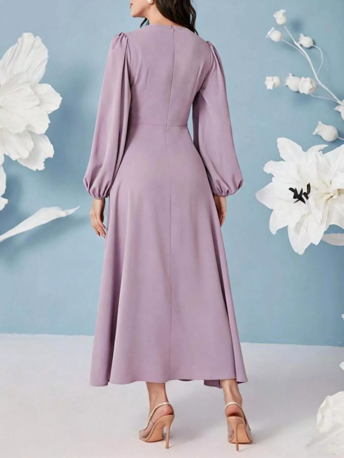 V-Neck Balloon Sleeve Maxi Dress in Lavender