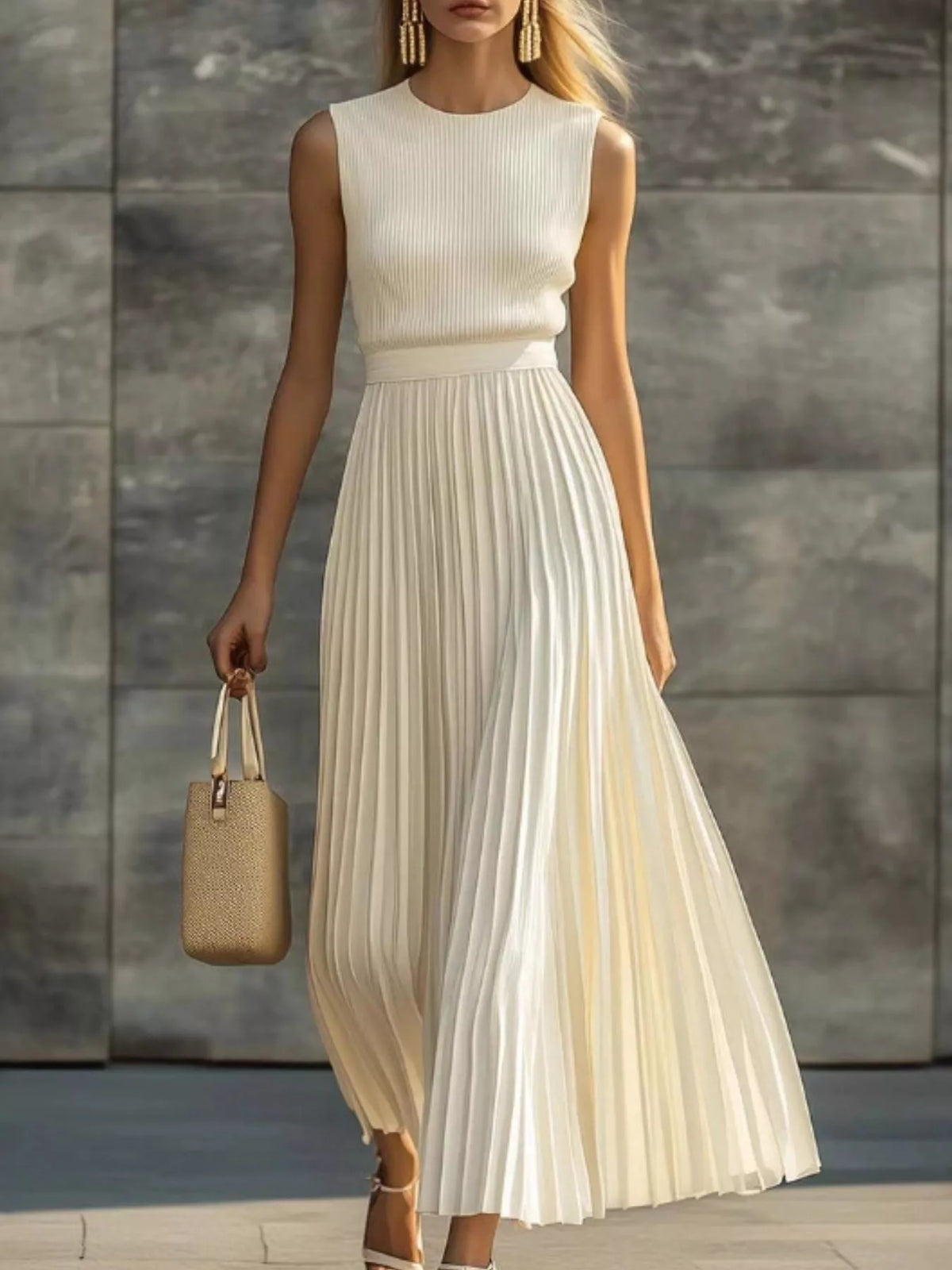 Ribbed Sleeveless Maxi Dress in Beige