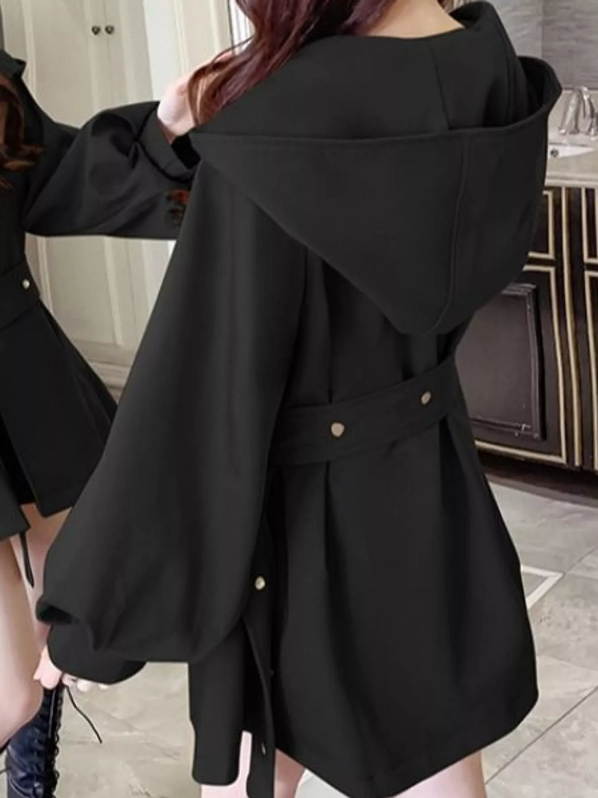 Lantern Sleeve Hooded Jacket with Belted Waist