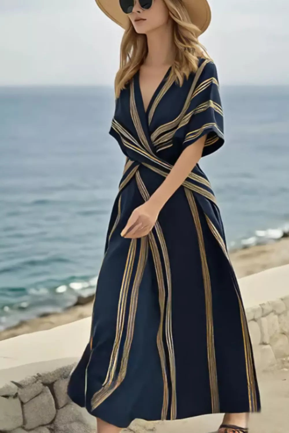 Striped Wrap Half Sleeve Maxi Dress