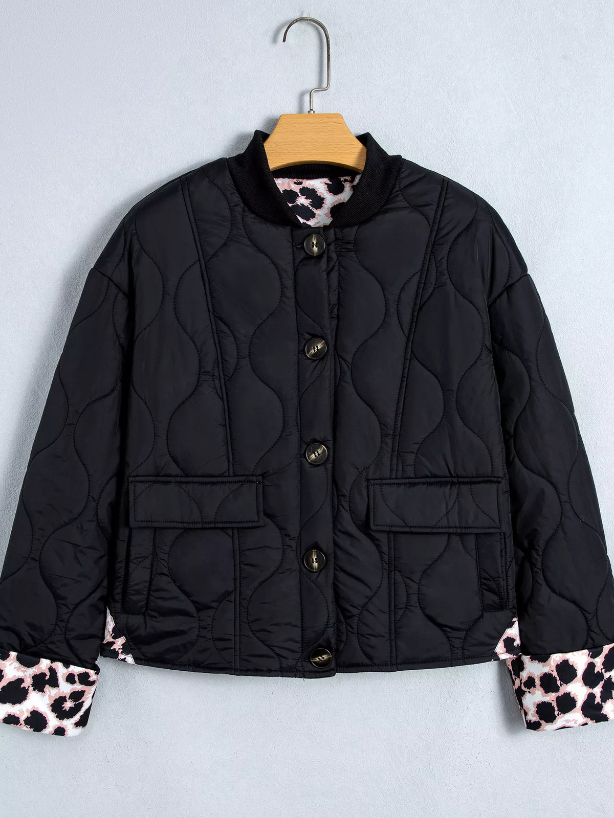 Leopard Cuff Quilted Puffer Jacket in Black