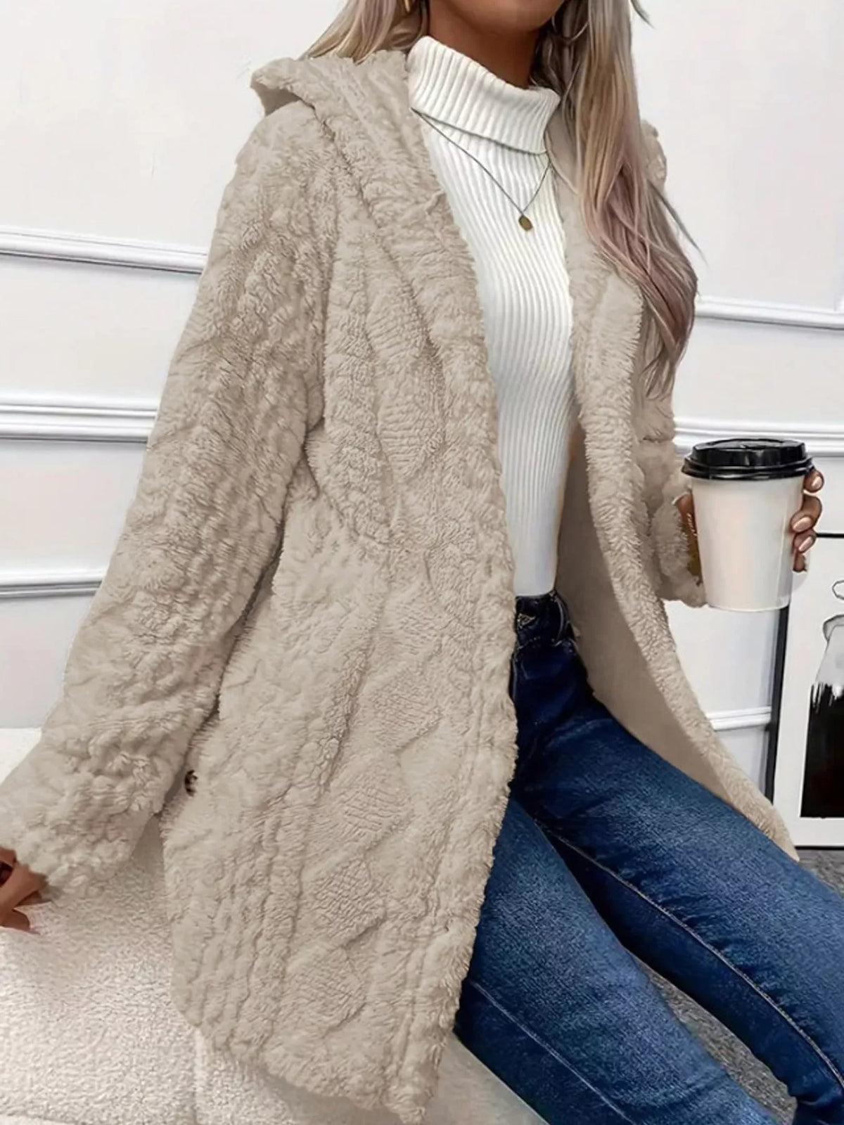 Cozy Cable-Knit Faux Fur Hooded Jacket