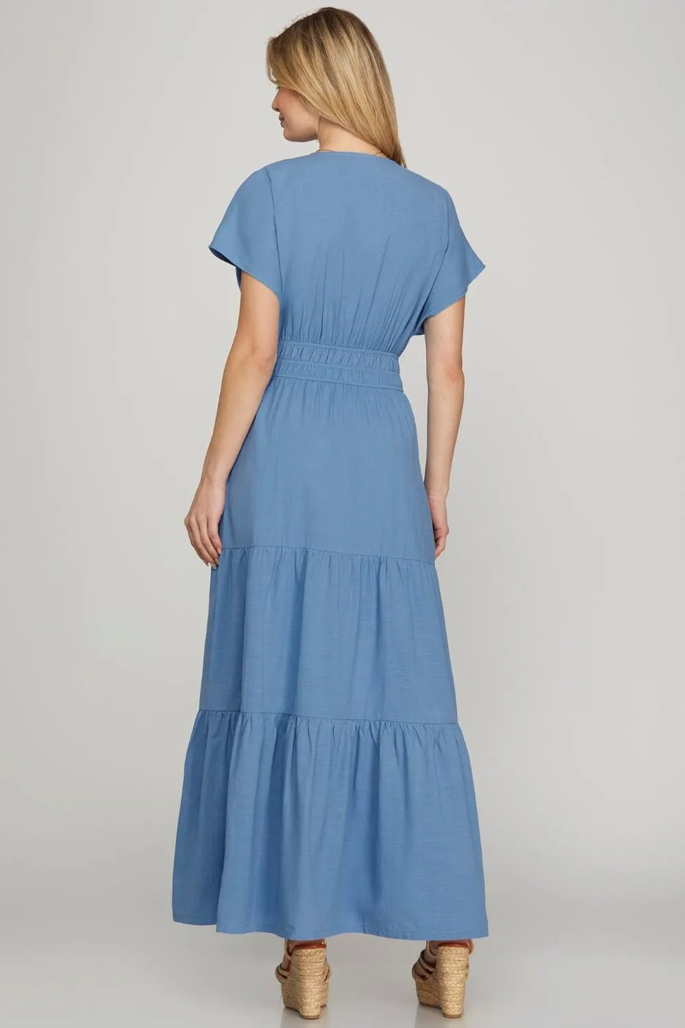 Surplice Tiered Maxi Dress in Cerulean