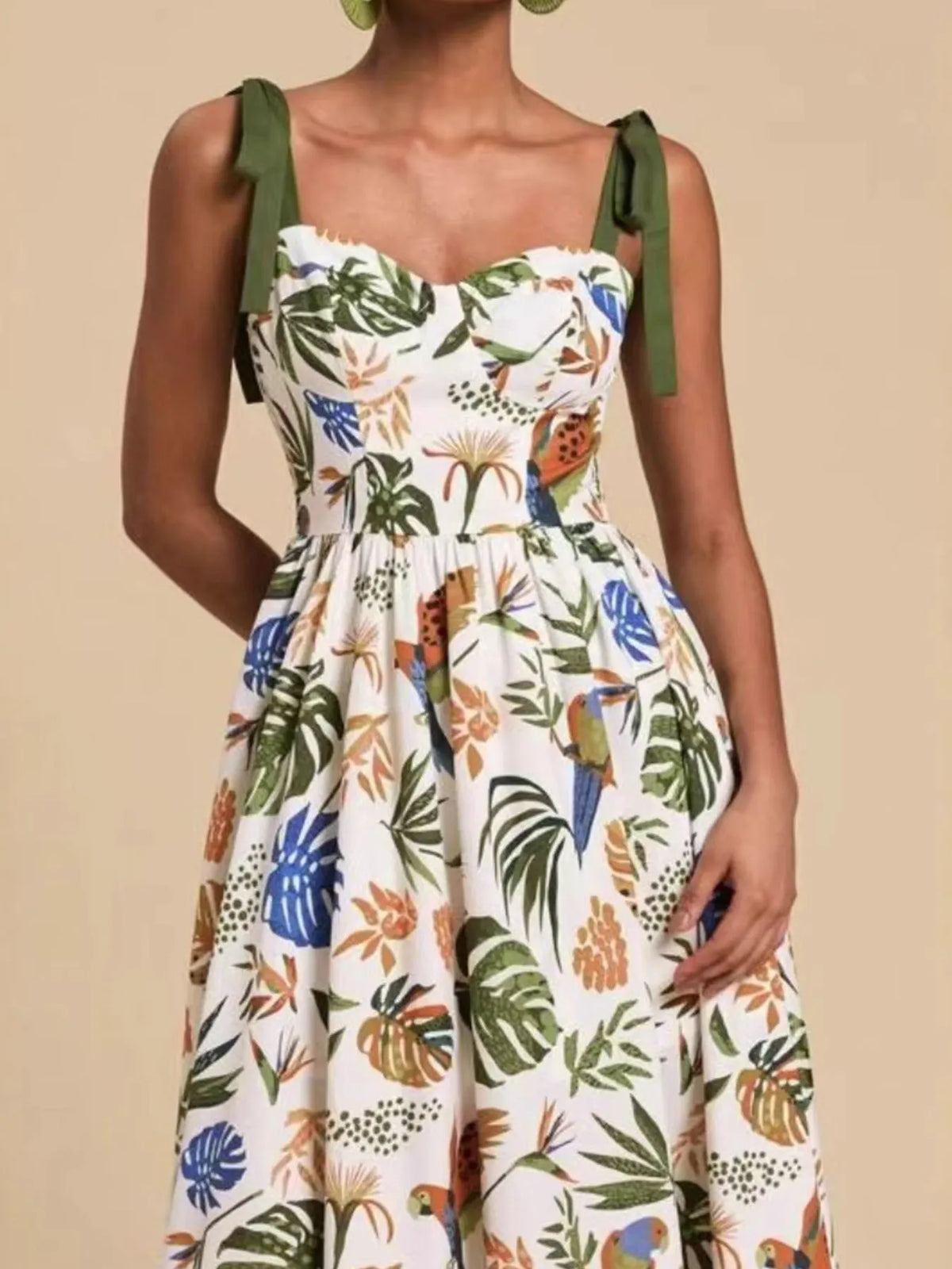 Tropical Print Tie-Shoulder Sweetheart Neck Midi Dress in Green by Rosaline