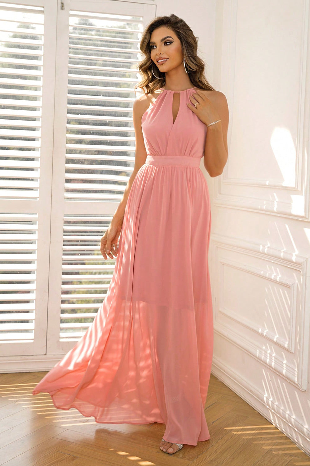 Tied Cutout Maxi Dress in Coral