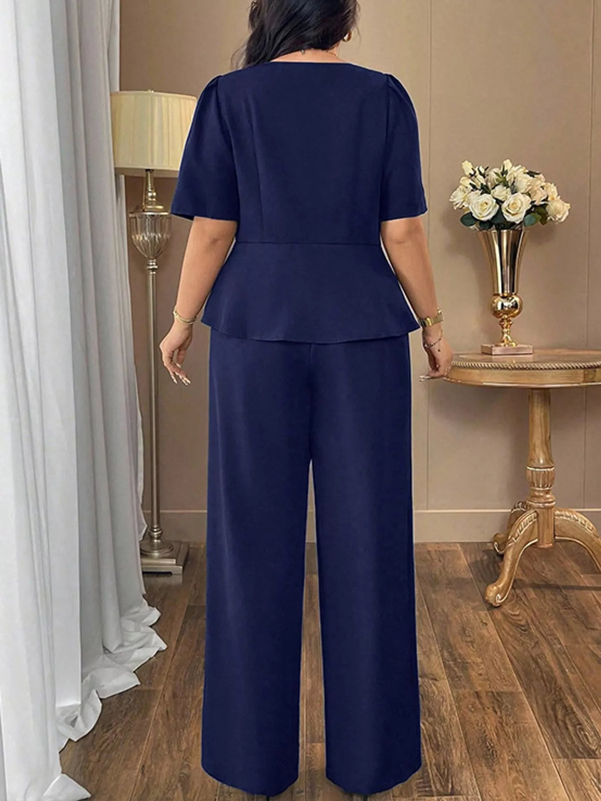 Peplum Top and Wide-Leg Pants Two-Piece Set