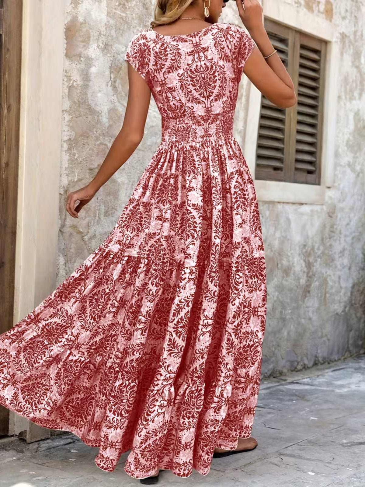 Printed Cap Sleeve Tiered Maxi Dress