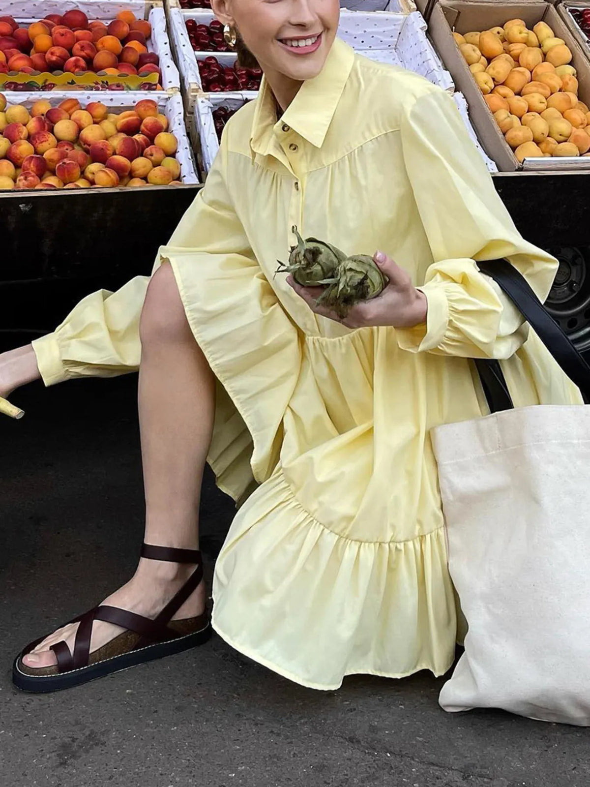 Tiered Ruffle Long Sleeve Shirt Dress